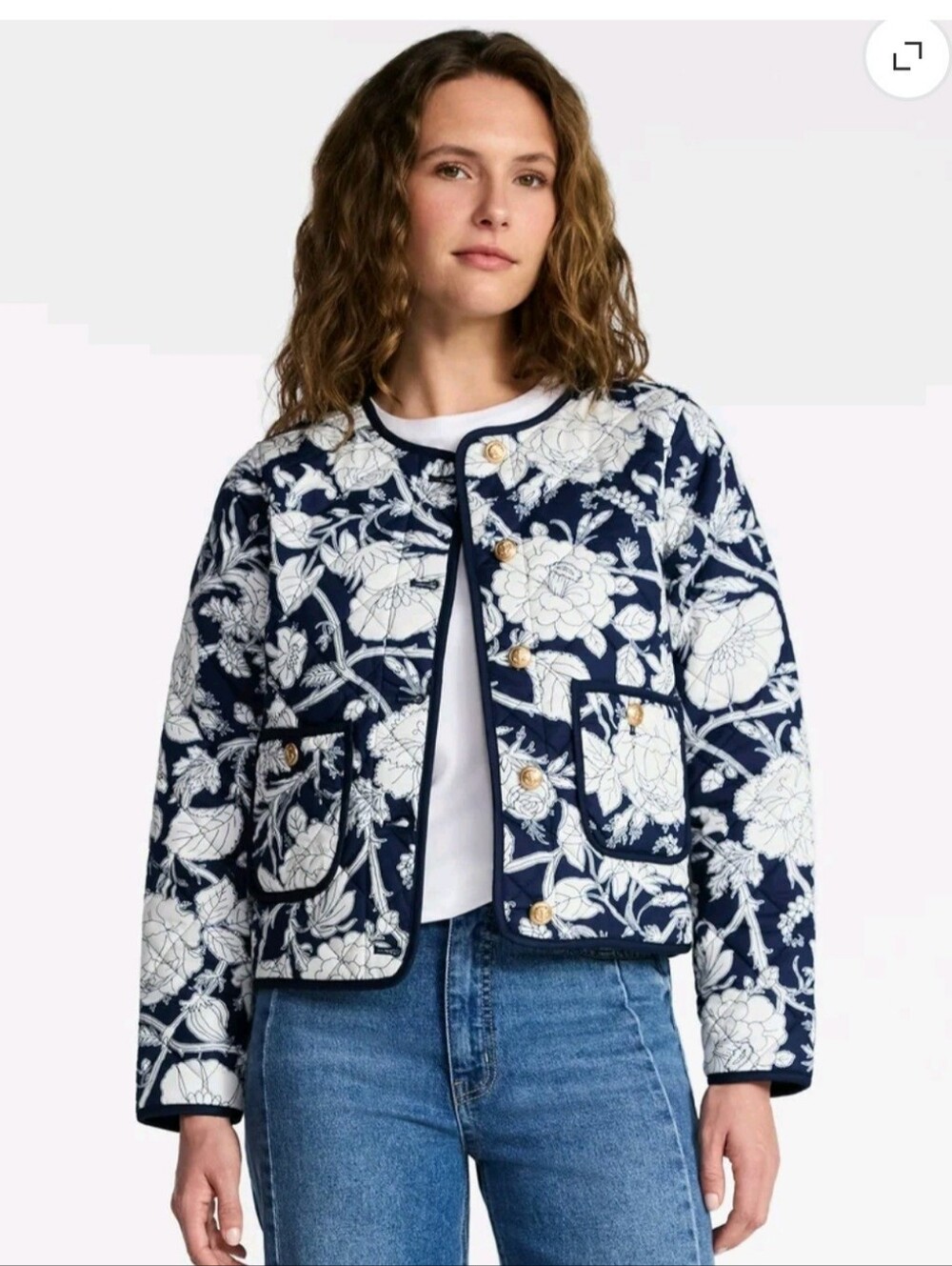 Time and Tru Navy & White Floral Quilted Bomber Jacket